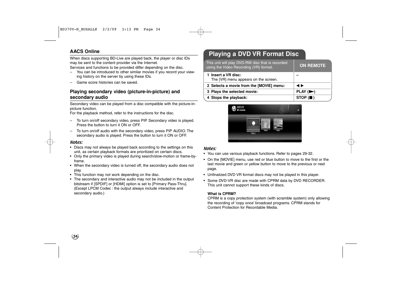 Playing a dvd vr format disc | LG BD370 User Manual | Page 34 / 52