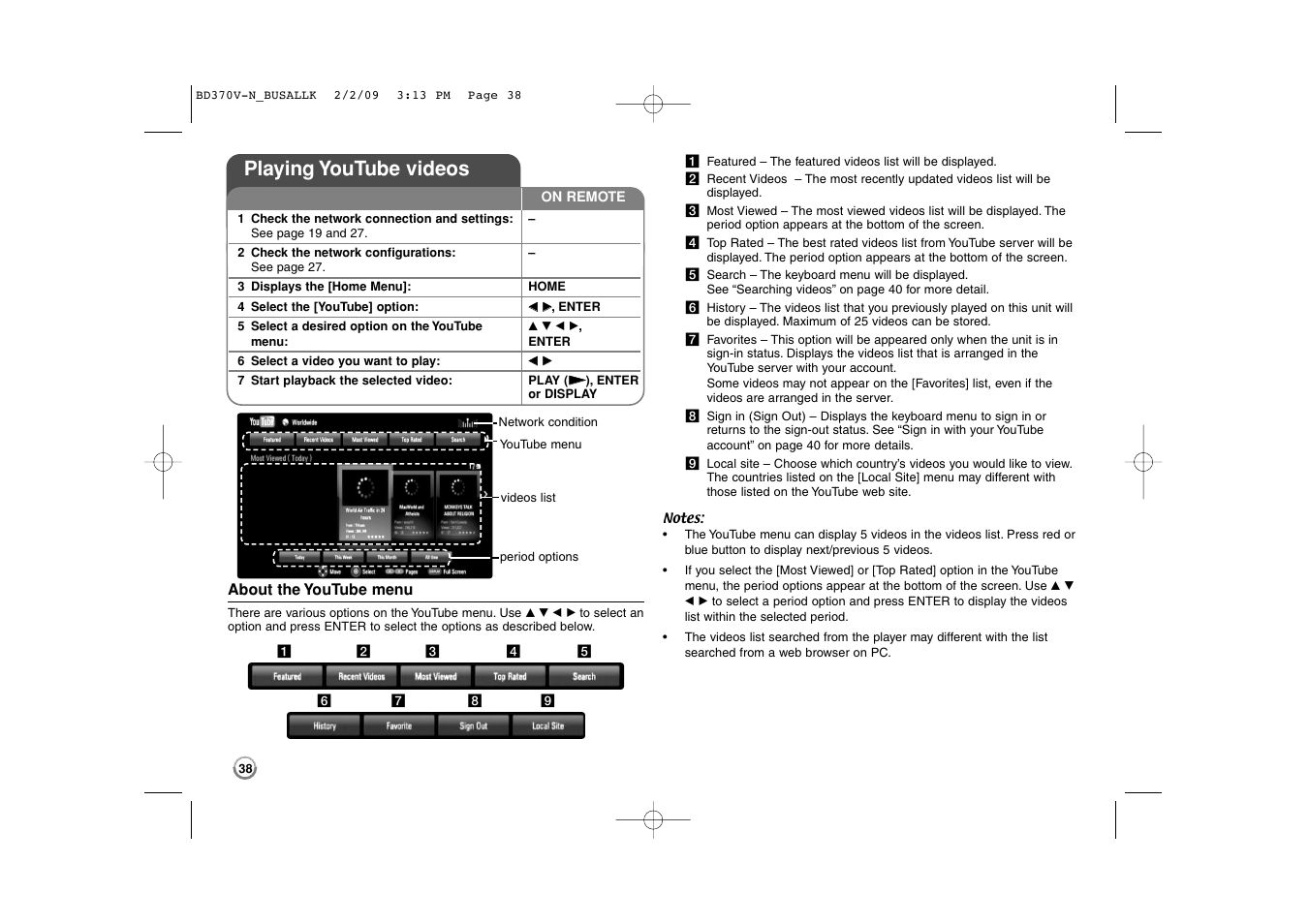 Playing youtube videos | LG BD370 User Manual | Page 38 / 52