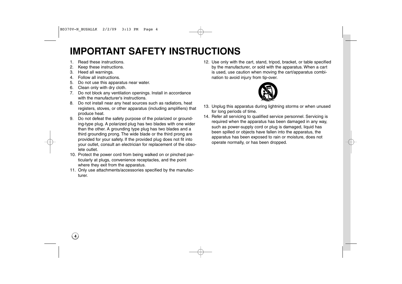 Important safety instructions | LG BD370 User Manual | Page 4 / 52