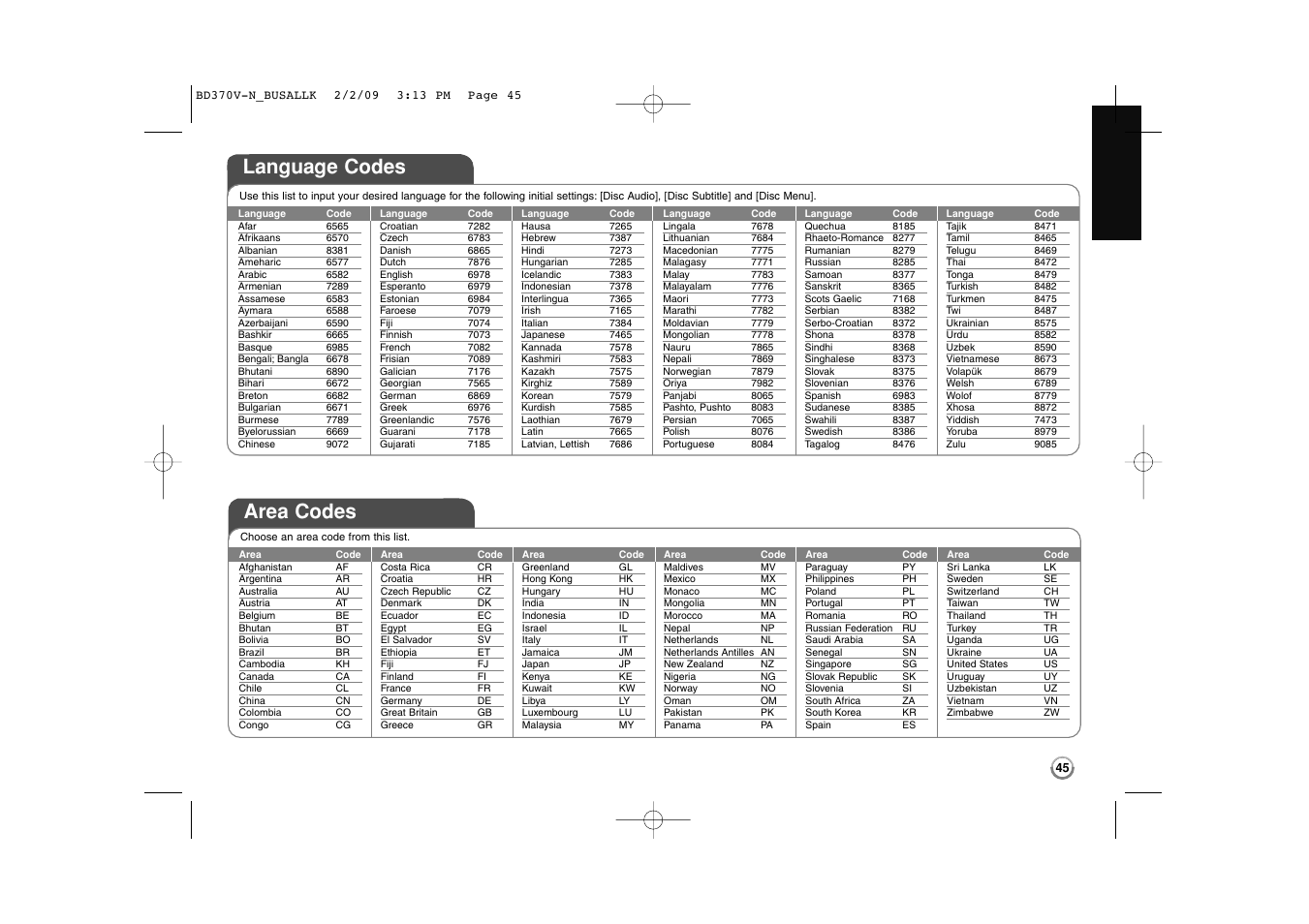 Language codes, Area codes | LG BD370 User Manual | Page 45 / 52