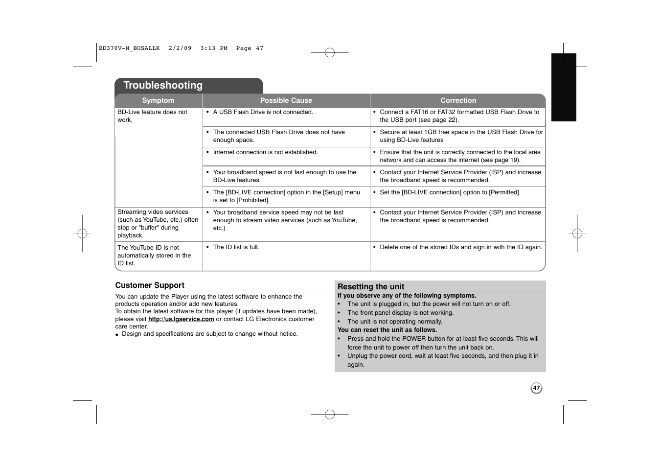 Troubleshooting | LG BD370 User Manual | Page 47 / 52