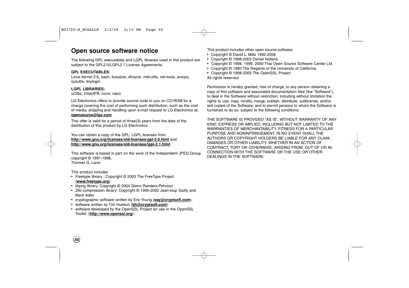 Open source software notice | LG BD370 User Manual | Page 50 / 52