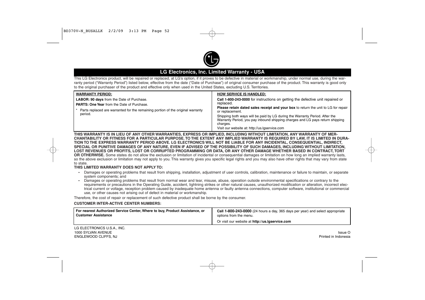 LG BD370 User Manual | Page 52 / 52