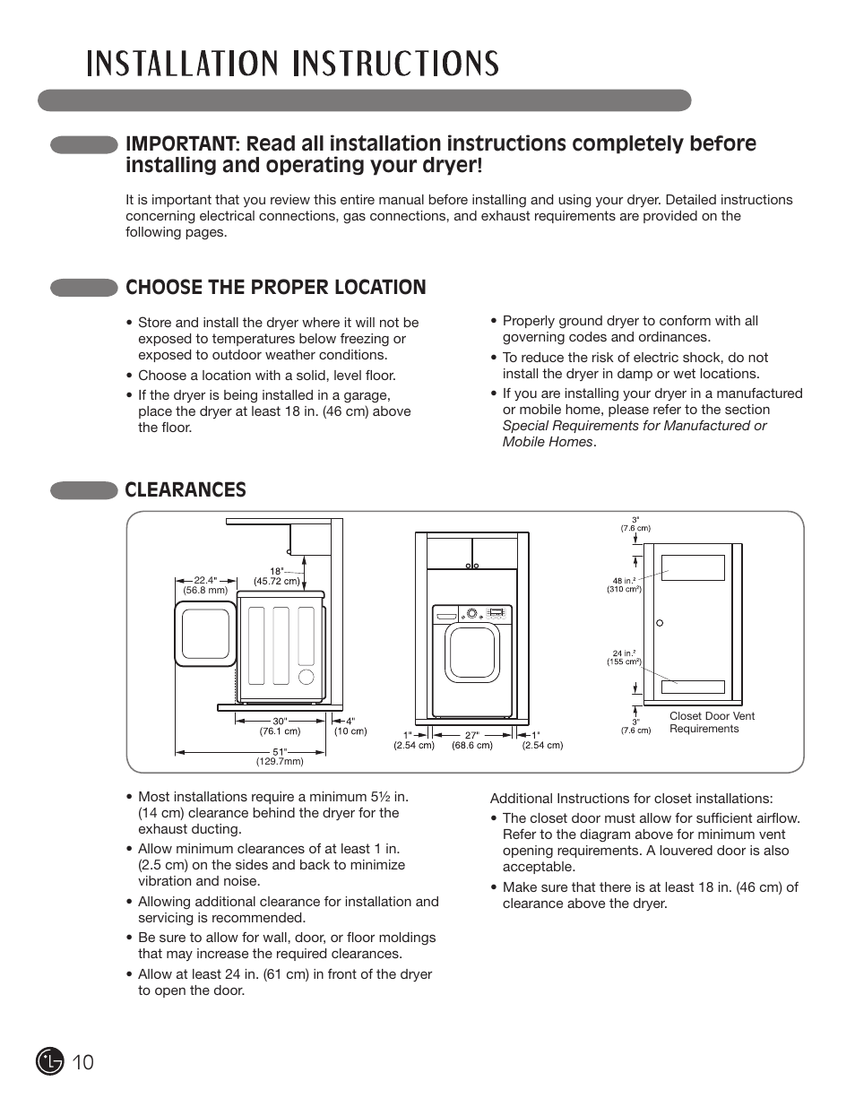 Choose the proper location, Clearances | LG DLEX3001W User Manual | Page 10 / 92