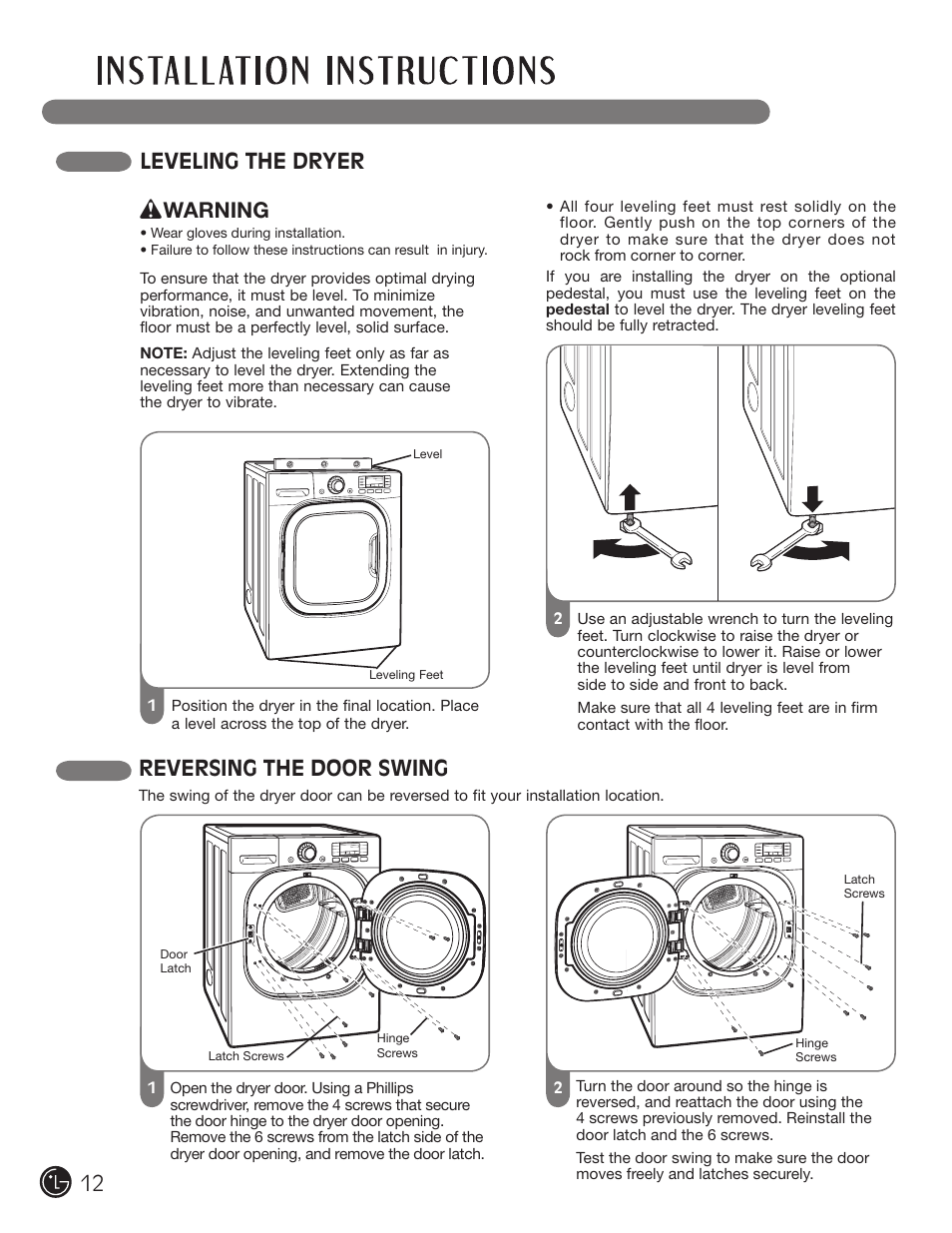 Leveling the dryer, Reversing the door swing, Warning | LG DLEX3001W User Manual | Page 12 / 92