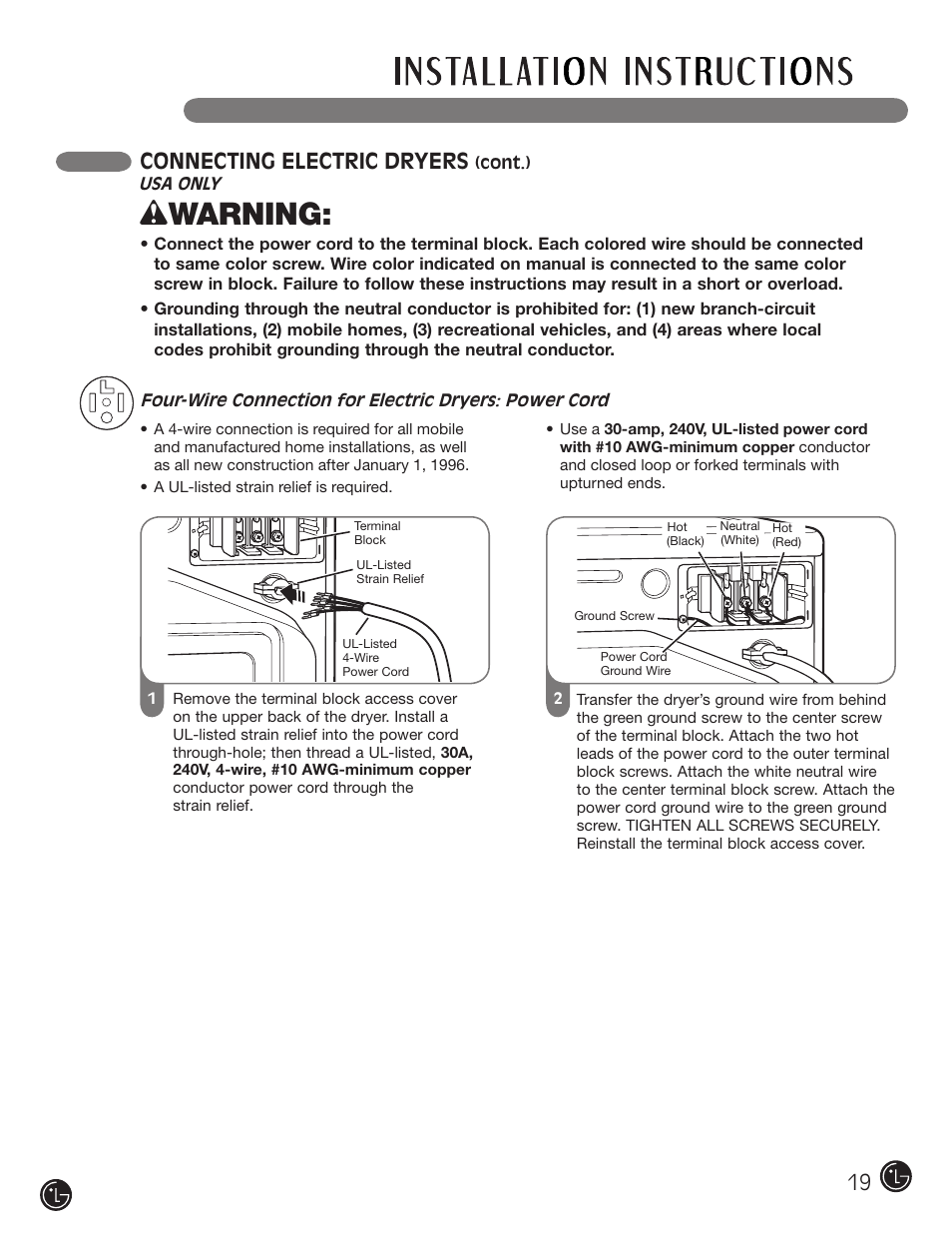 Wwarning, Connecting electric dryers | LG DLEX3001W User Manual | Page 19 / 92