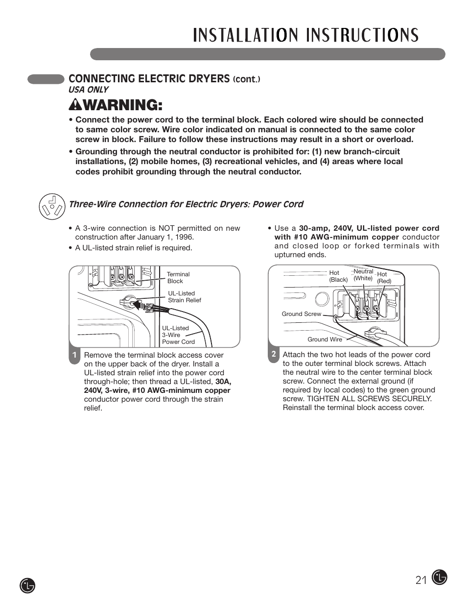 Wwarning, Connecting electric dryers | LG DLEX3001W User Manual | Page 21 / 92