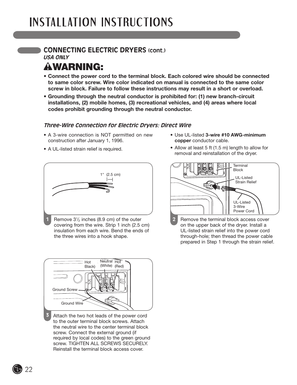 Wwarning, Connecting electric dryers | LG DLEX3001W User Manual | Page 22 / 92