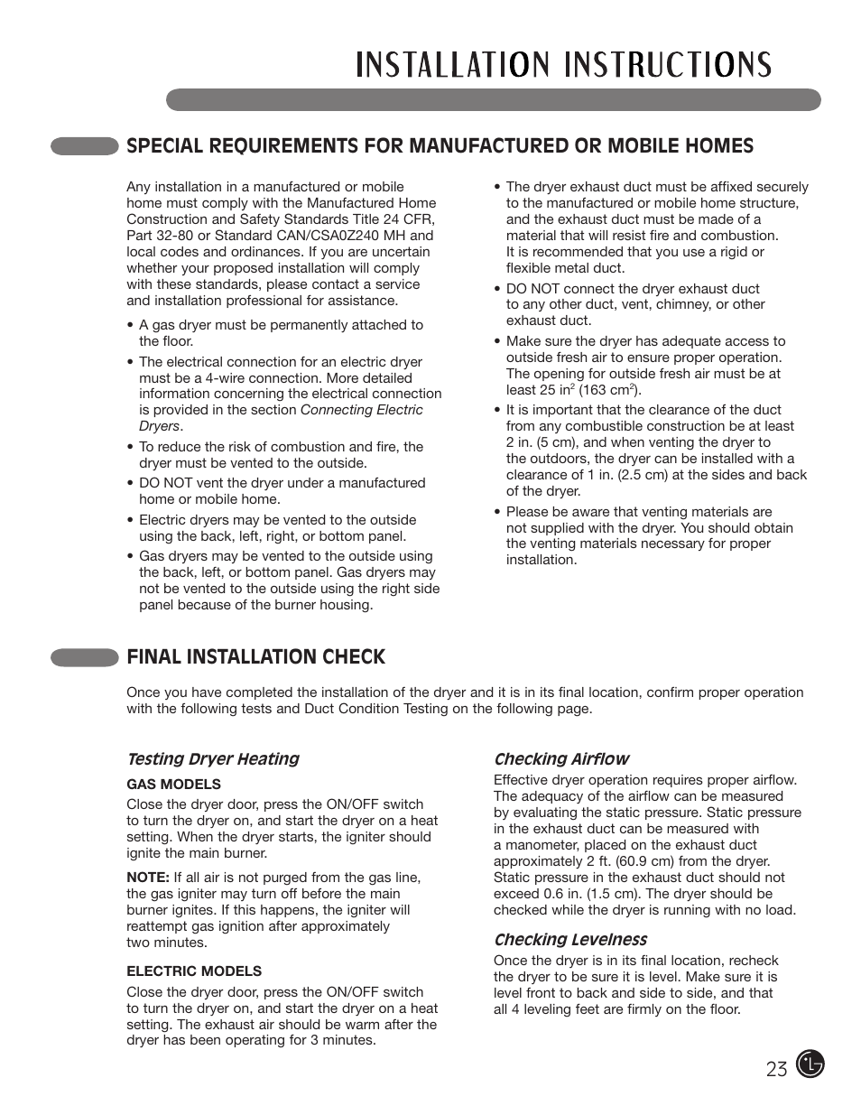 Final installation check | LG DLEX3001W User Manual | Page 23 / 92