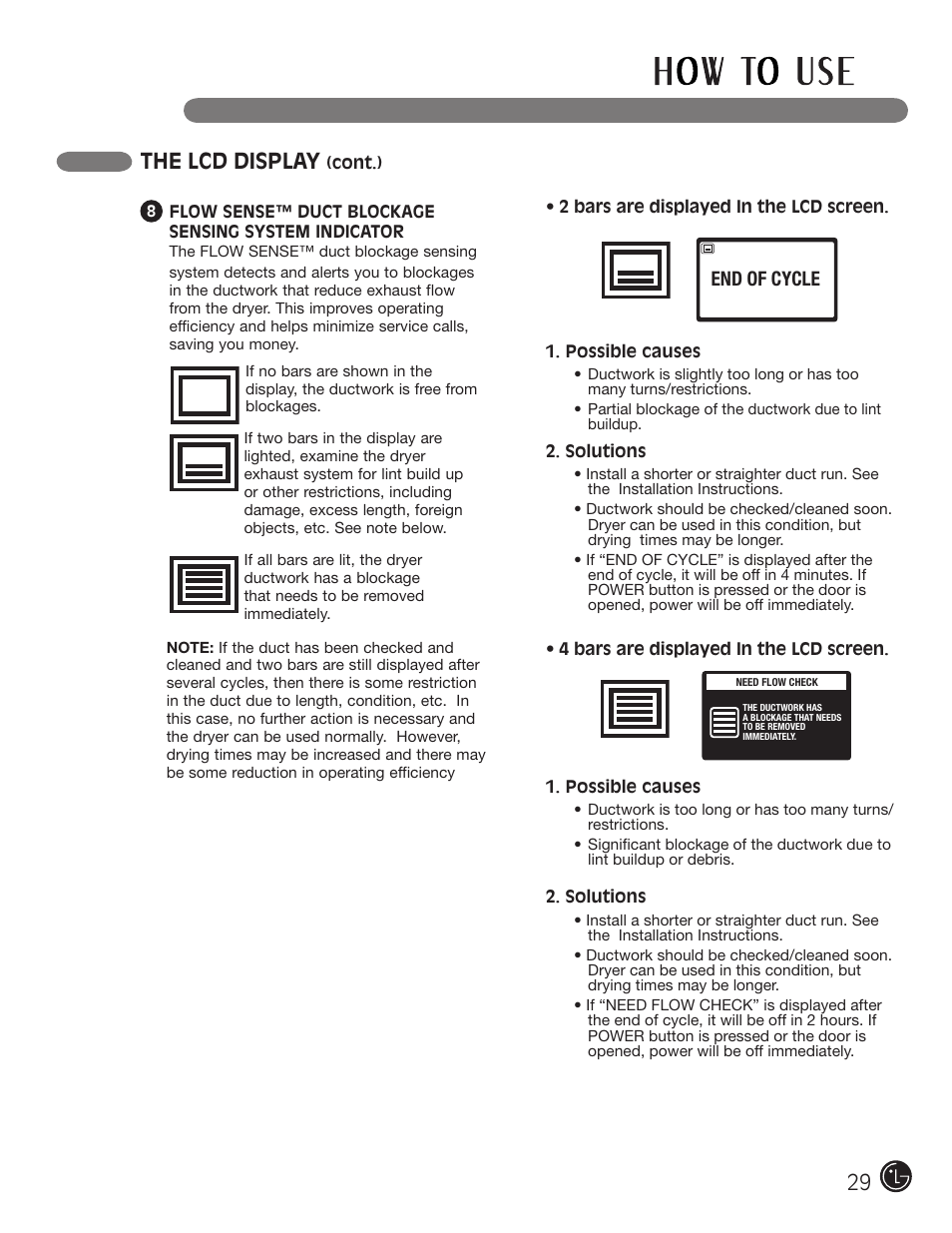 The lcd display, End of cycle | LG DLEX3001W User Manual | Page 29 / 92