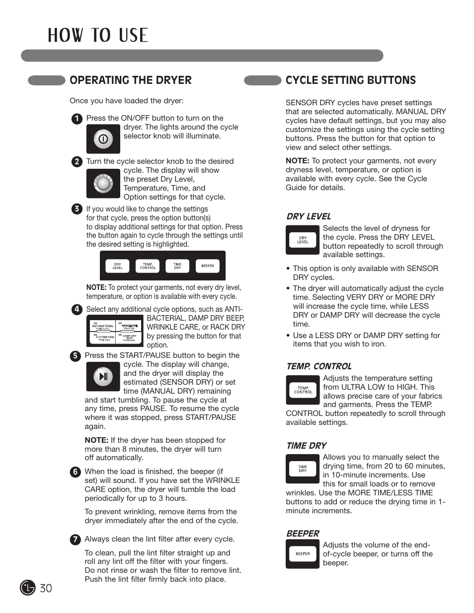 Cycle setting buttons, Operating the dryer | LG DLEX3001W User Manual | Page 30 / 92