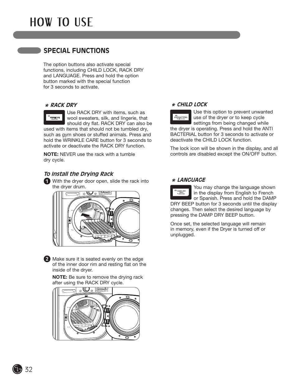 Special functions | LG DLEX3001W User Manual | Page 32 / 92