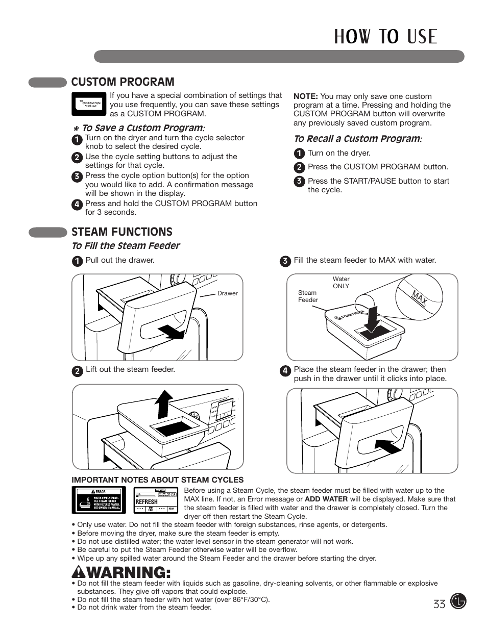 Wwarning, Custom program, Steam functions | LG DLEX3001W User Manual | Page 33 / 92