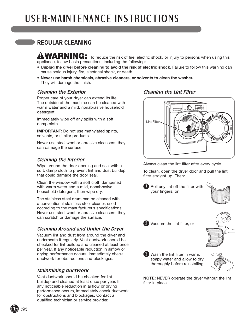 Wwarning, Regular cleaning | LG DLEX3001W User Manual | Page 36 / 92