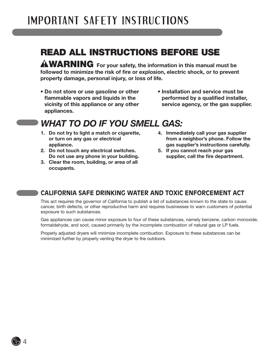 Read all instructions before use w warning, What to do if you smell gas | LG DLEX3001W User Manual | Page 4 / 92