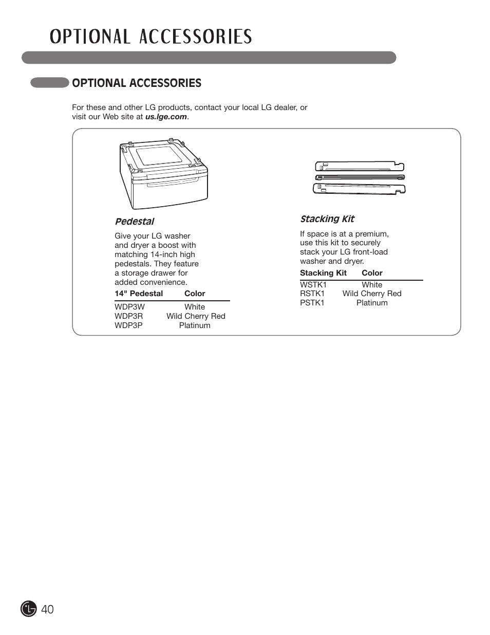 Optional accessories | LG DLEX3001W User Manual | Page 40 / 92