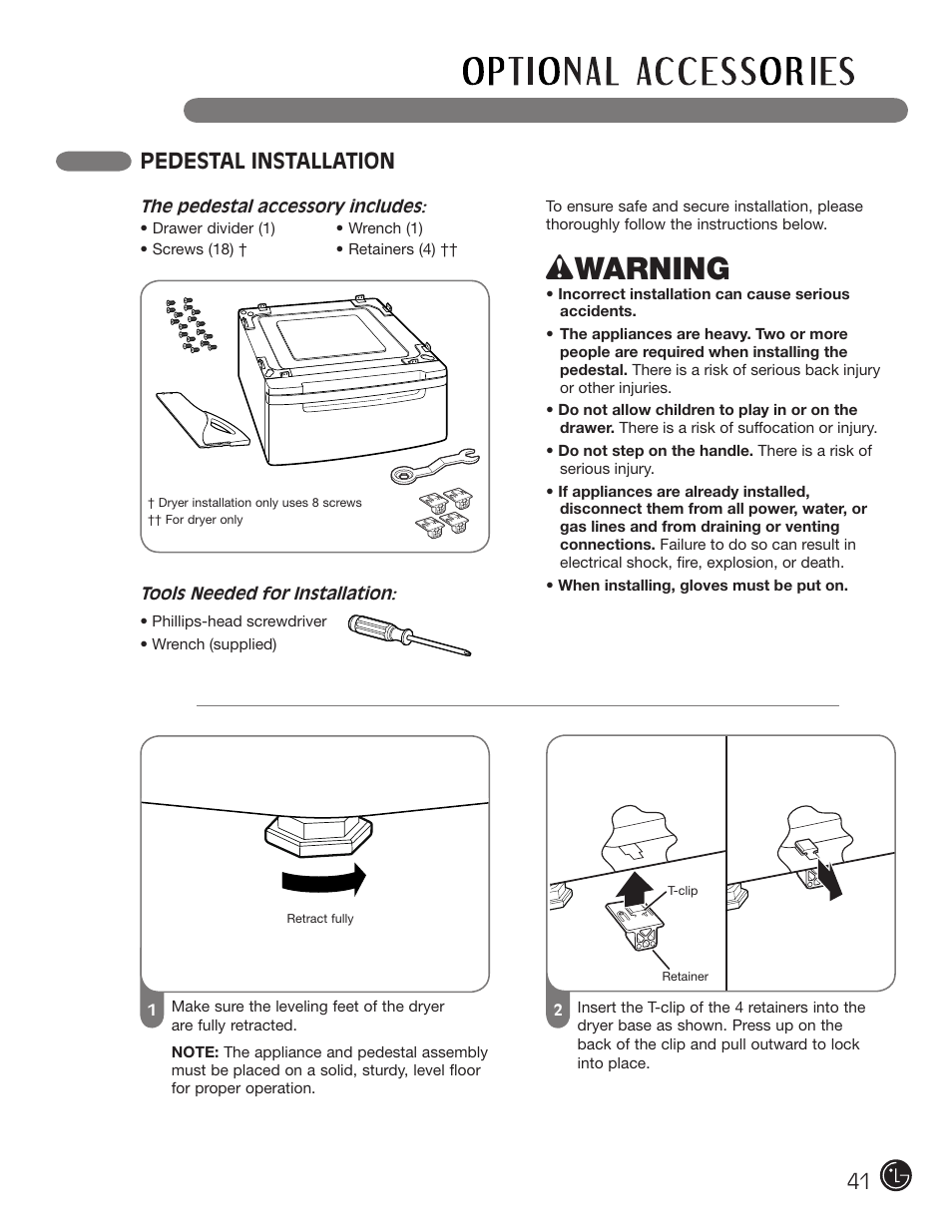 Wwarning, Pedestal installation | LG DLEX3001W User Manual | Page 41 / 92