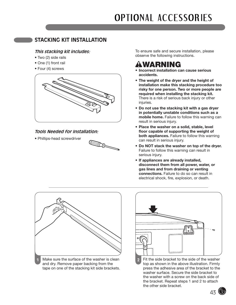 Wwarning, Stacking kit installation | LG DLEX3001W User Manual | Page 43 / 92