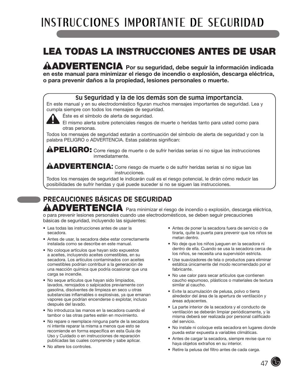 Lea todas la instrucciones antes de usar, Wpeligro, Wadvertencia | Precauciones básicas de seguridad | LG DLEX3001W User Manual | Page 47 / 92