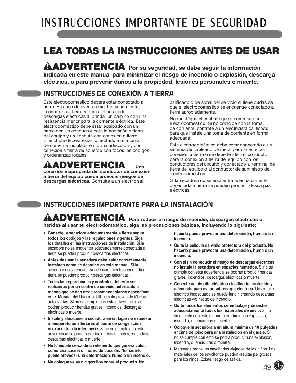 Wadvertencia, Instrucciones de conexión a tierra, Instrucciones importante para la instalación | LG DLEX3001W User Manual | Page 49 / 92