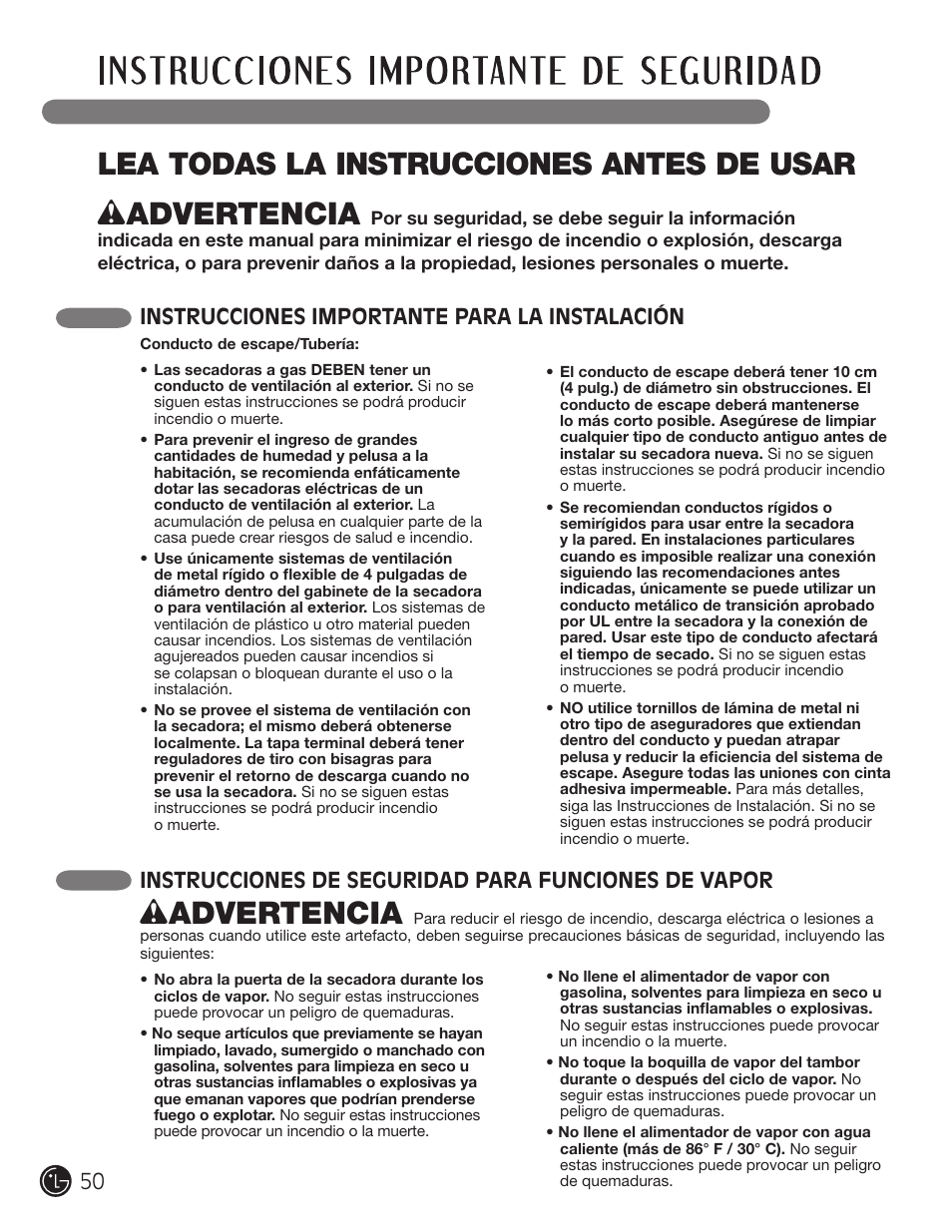 Wadvertencia | LG DLEX3001W User Manual | Page 50 / 92