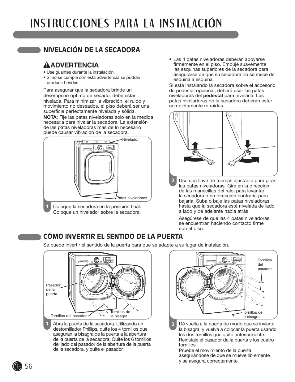 Nivelación de la secadora, Cómo invertir el sentido de la puerta, Advertencia | LG DLEX3001W User Manual | Page 56 / 92