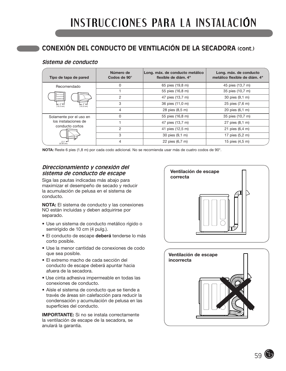 Cont.), Sistema de conducto | LG DLEX3001W User Manual | Page 59 / 92