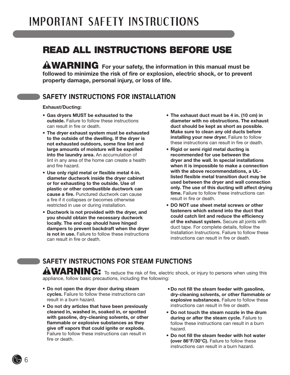 Read all instructions before use, Wwarning, Safety instructions for installation | Safety instructions for steam functions | LG DLEX3001W User Manual | Page 6 / 92