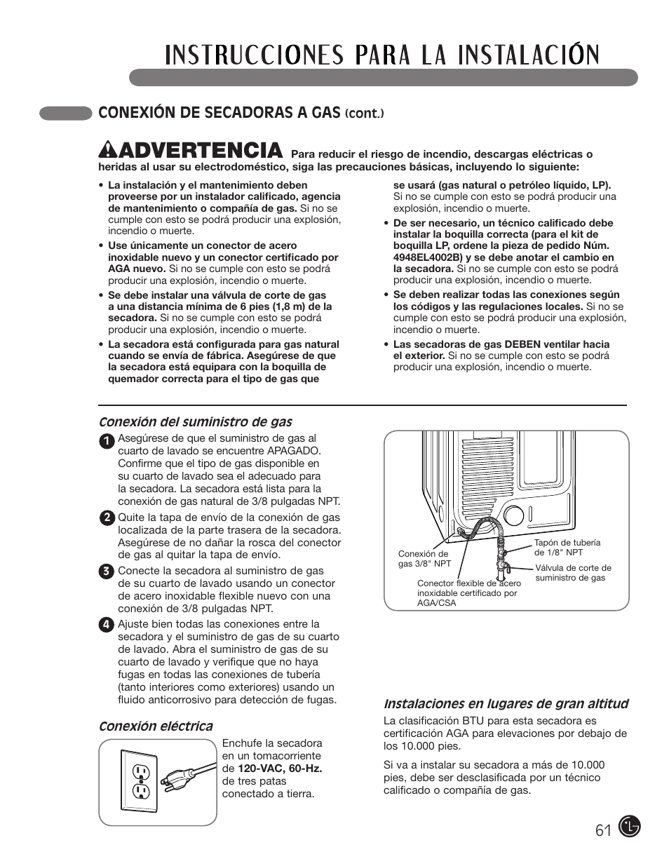 Wadvertencia, Conexión de secadoras a gas | LG DLEX3001W User Manual | Page 61 / 92