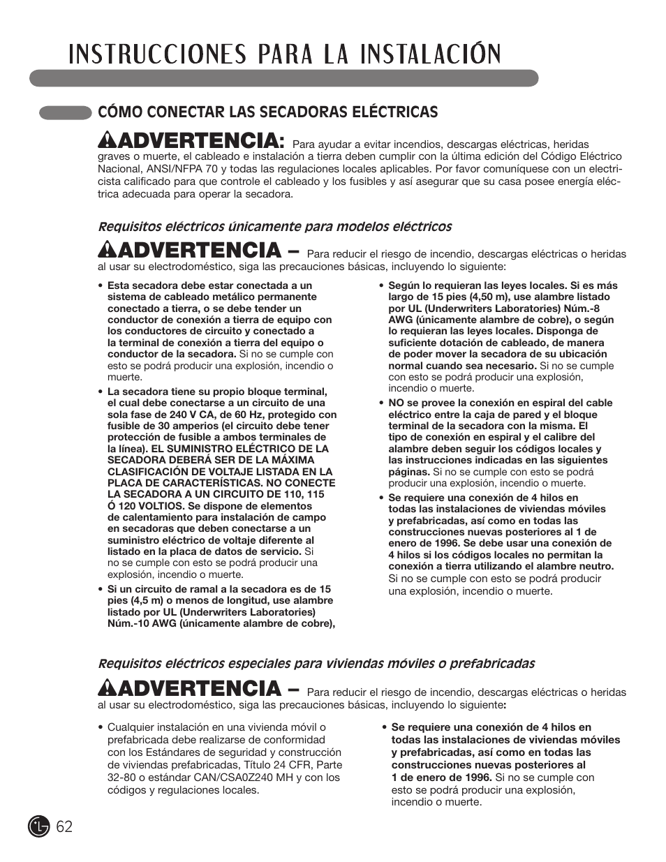 Wadvertencia, Cómo conectar las secadoras eléctricas | LG DLEX3001W User Manual | Page 62 / 92