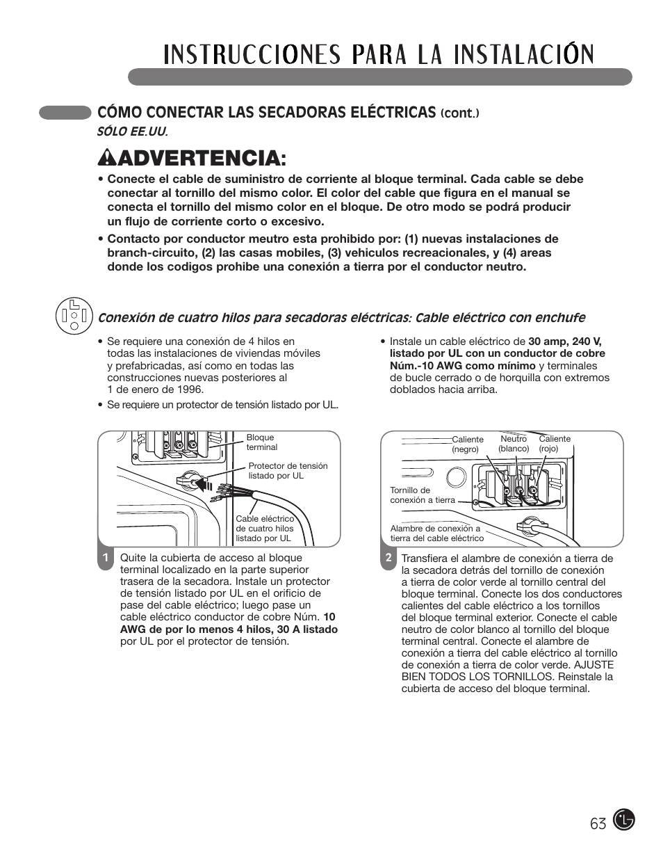 Wadvertencia, Cómo conectar las secadoras eléctricas | LG DLEX3001W User Manual | Page 63 / 92