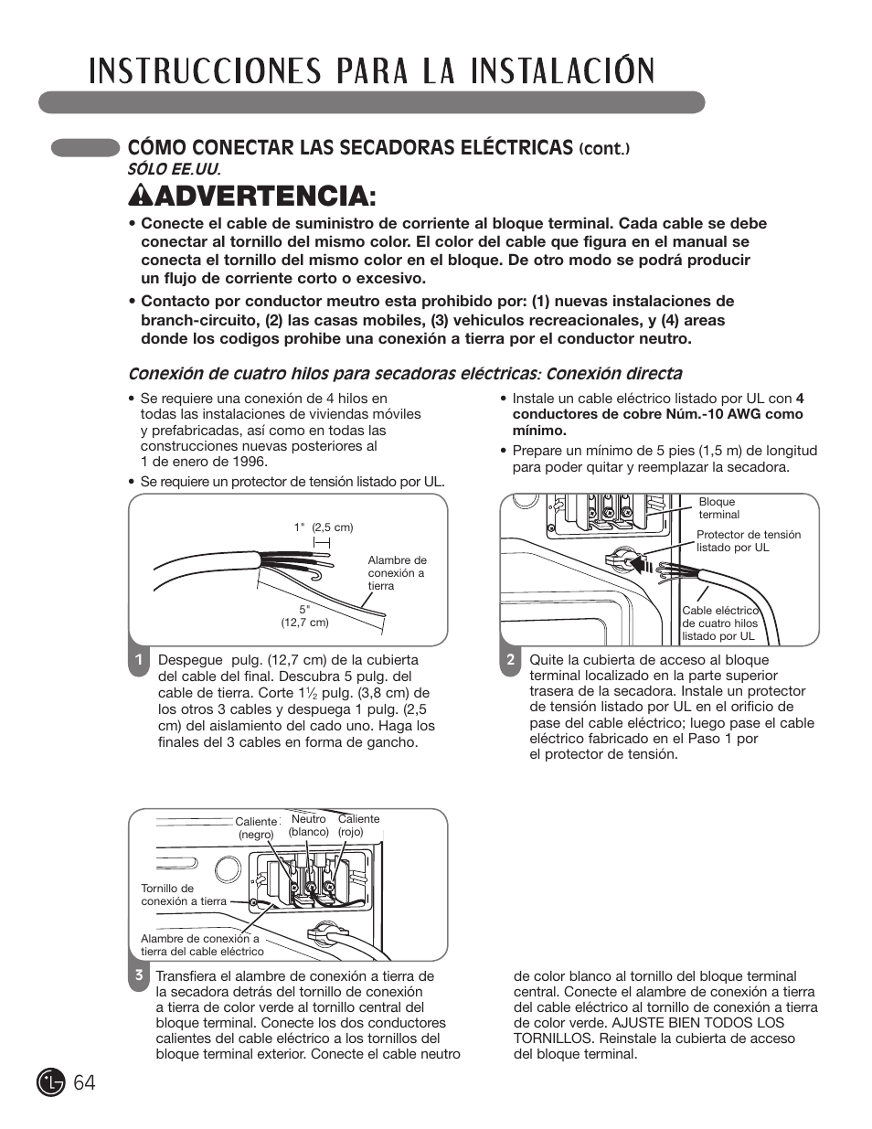 Wadvertencia, 64 cómo conectar las secadoras eléctricas | LG DLEX3001W User Manual | Page 64 / 92