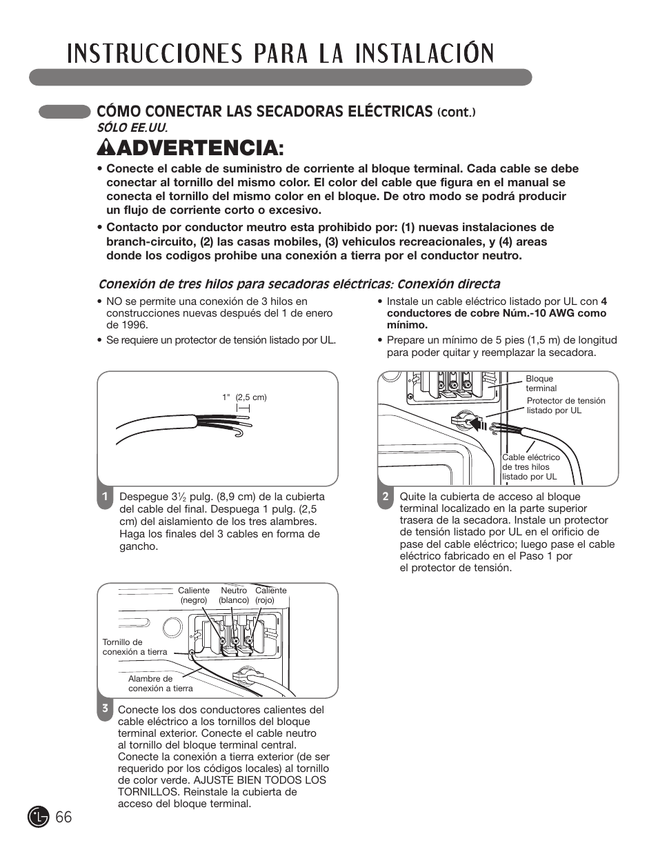 Wadvertencia, Cómo conectar las secadoras eléctricas | LG DLEX3001W User Manual | Page 66 / 92