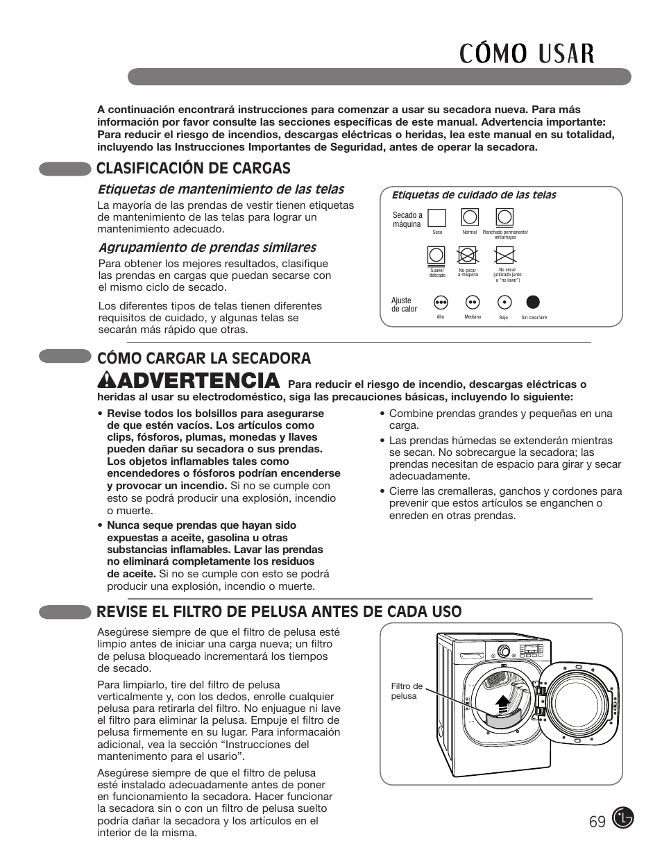 Wadvertencia, Cómo cargar la secadora, Clasificación de cargas | Revise el filtro de pelusa antes de cada uso | LG DLEX3001W User Manual | Page 69 / 92