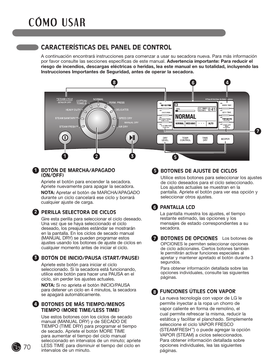 Características del panel de control | LG DLEX3001W User Manual | Page 70 / 92