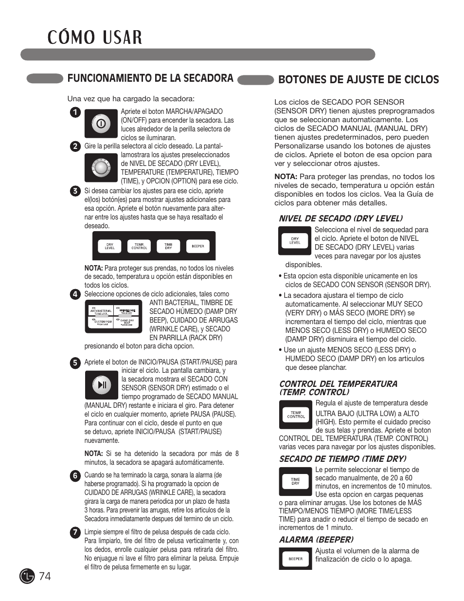 Botones de ajuste de ciclos, Funcionamiento de la secadora | LG DLEX3001W User Manual | Page 74 / 92