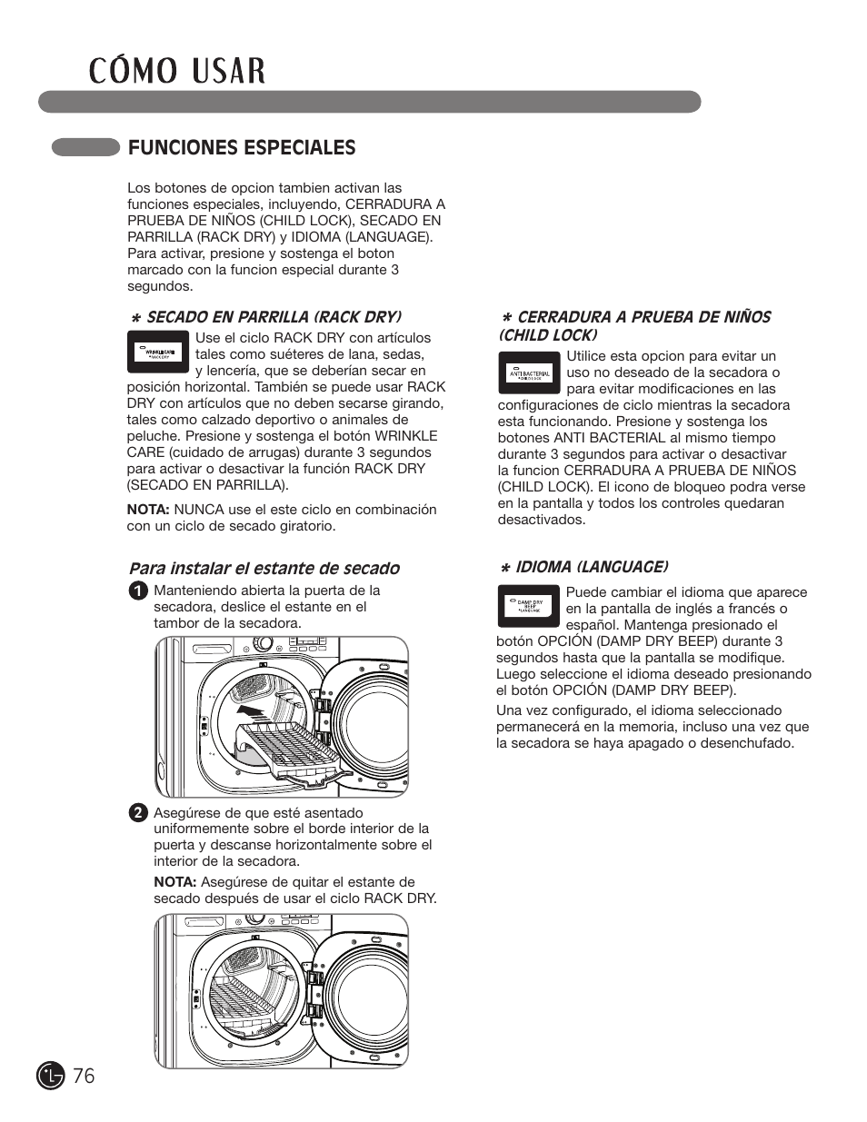 Funciones especiales | LG DLEX3001W User Manual | Page 76 / 92