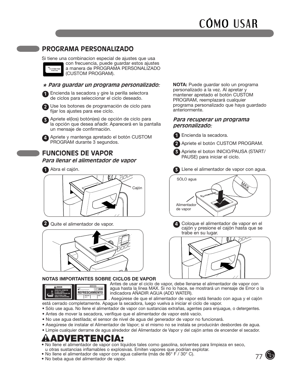 Wadvertencia, Programa personalizado, Funciones de vapor | LG DLEX3001W User Manual | Page 77 / 92