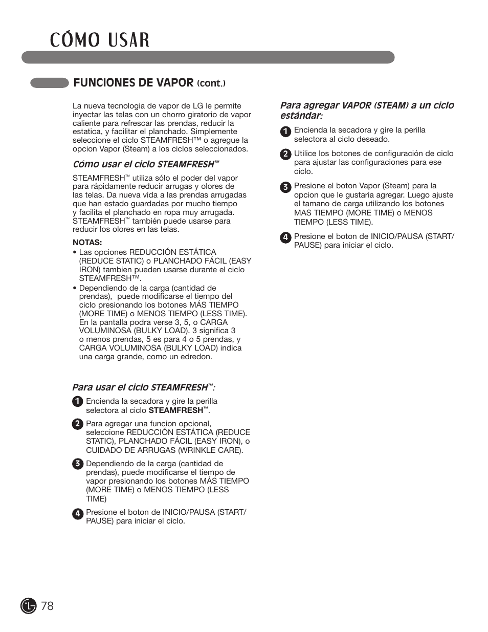 Funciones de vapor | LG DLEX3001W User Manual | Page 78 / 92