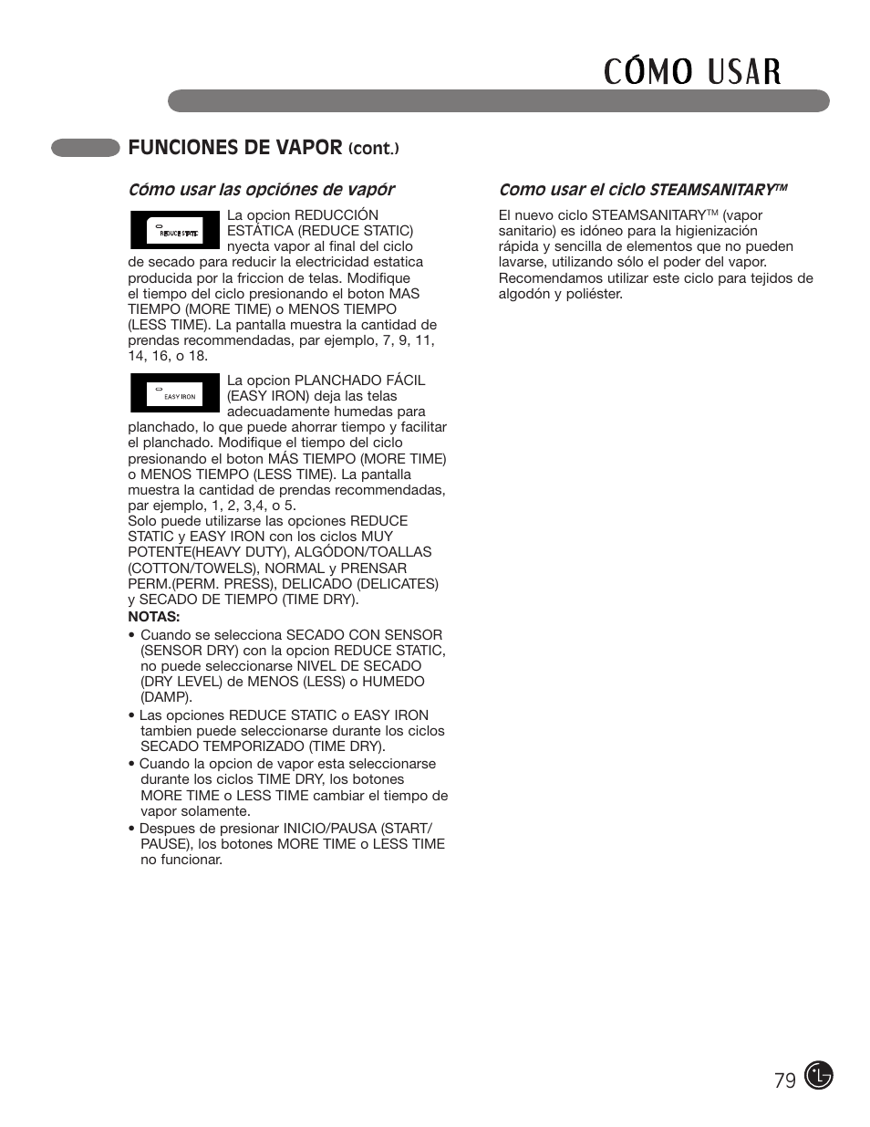 Funciones de vapor | LG DLEX3001W User Manual | Page 79 / 92