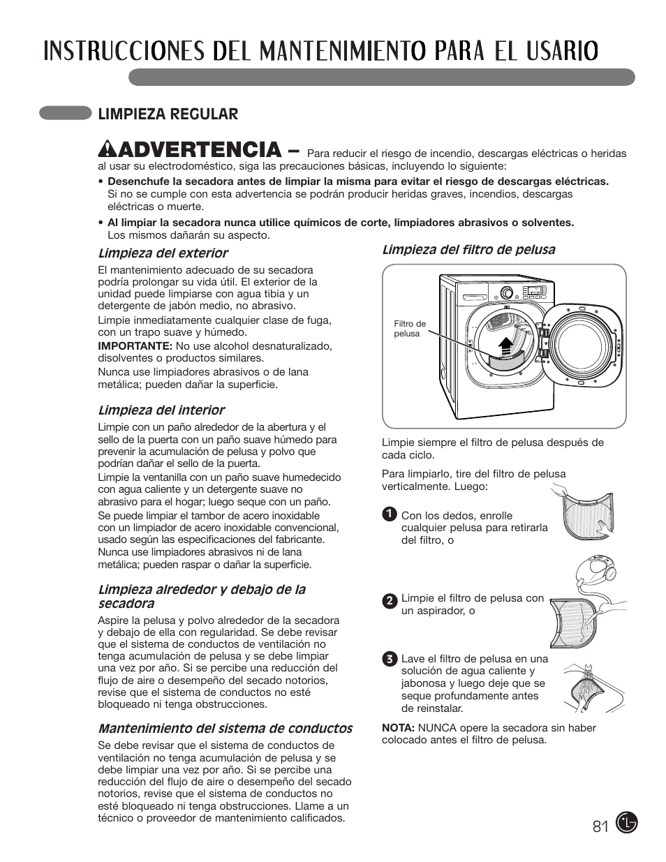 Wadvertencia, Limpieza regular | LG DLEX3001W User Manual | Page 81 / 92