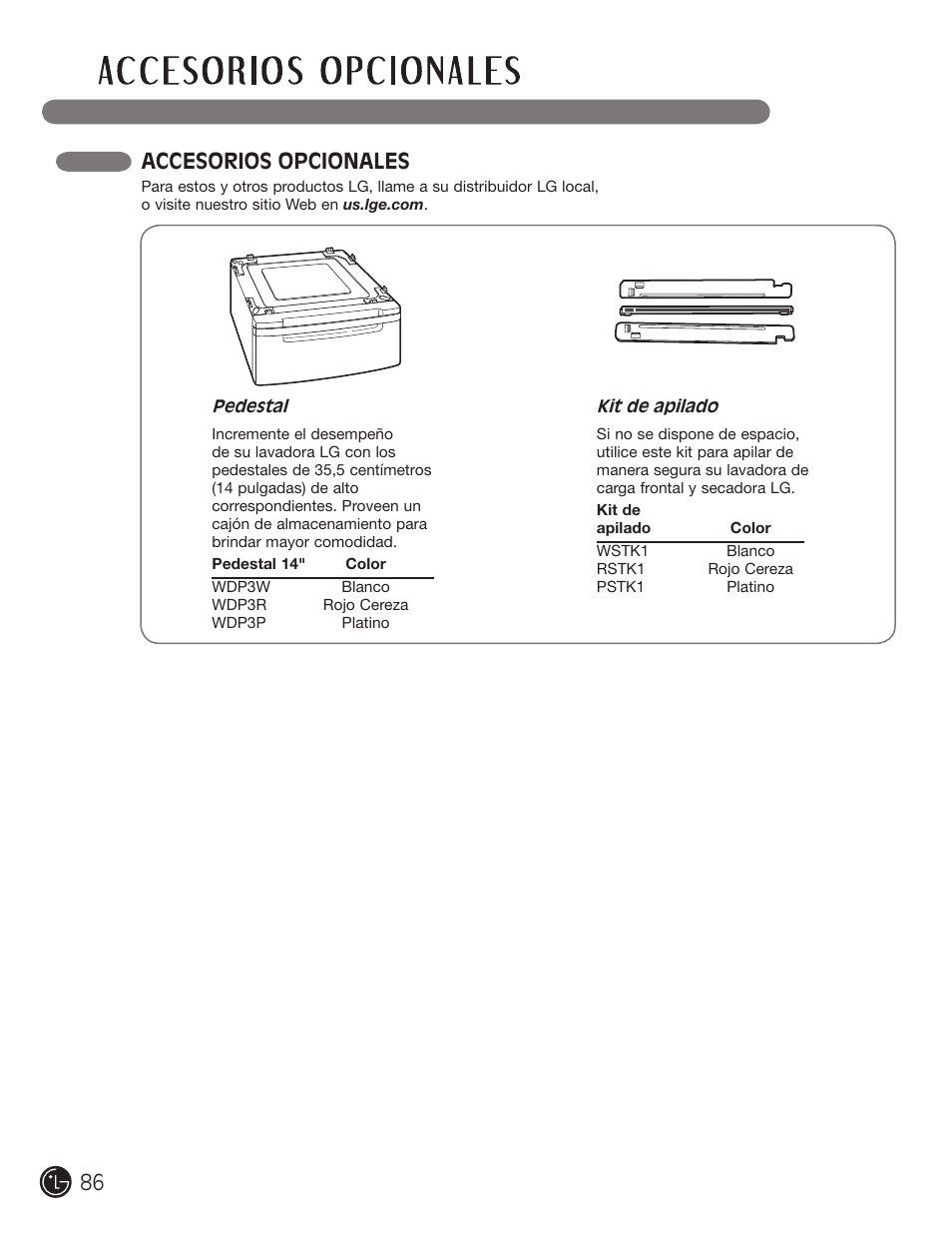 Accesorios opcionales | LG DLEX3001W User Manual | Page 86 / 92