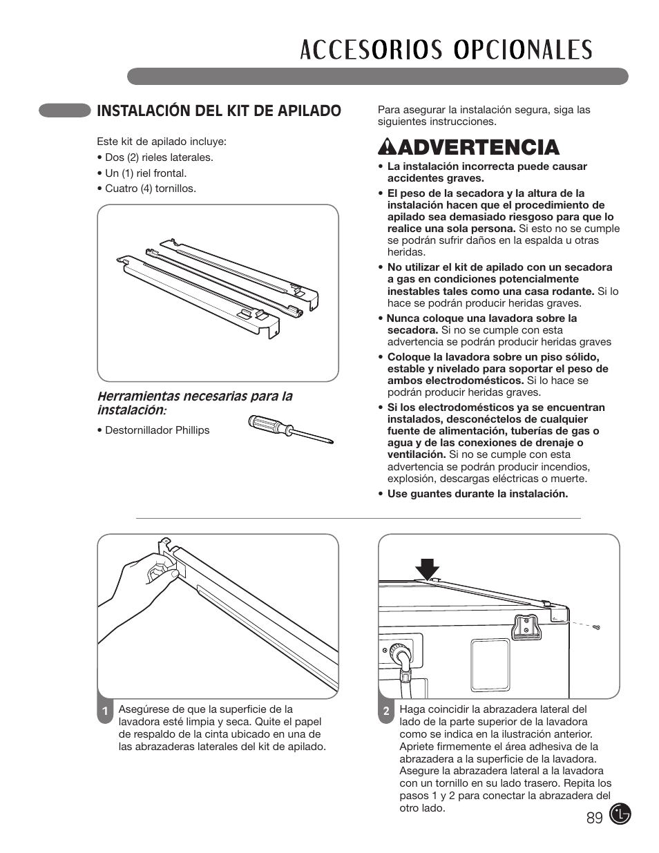 Wadvertencia, Instalación del kit de apilado | LG DLEX3001W User Manual | Page 89 / 92