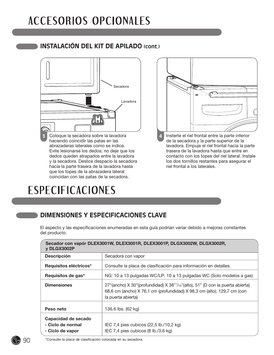 Instalación del kit de apilado, Dimensiones y especificaciones clave | LG DLEX3001W User Manual | Page 90 / 92