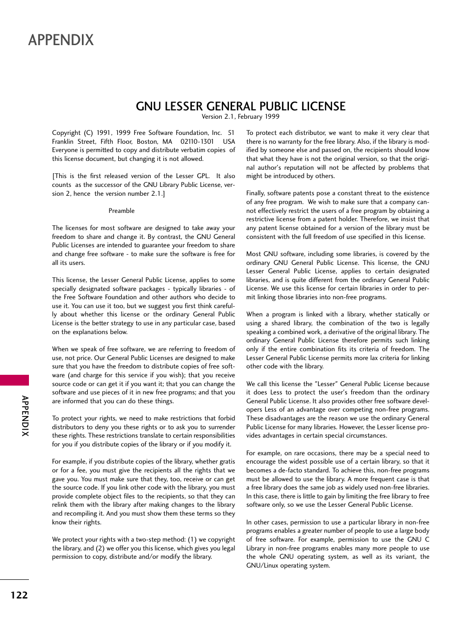 Appendix, Gnu lesser general public license | LG SAC30708043 User Manual | Page 124 / 134