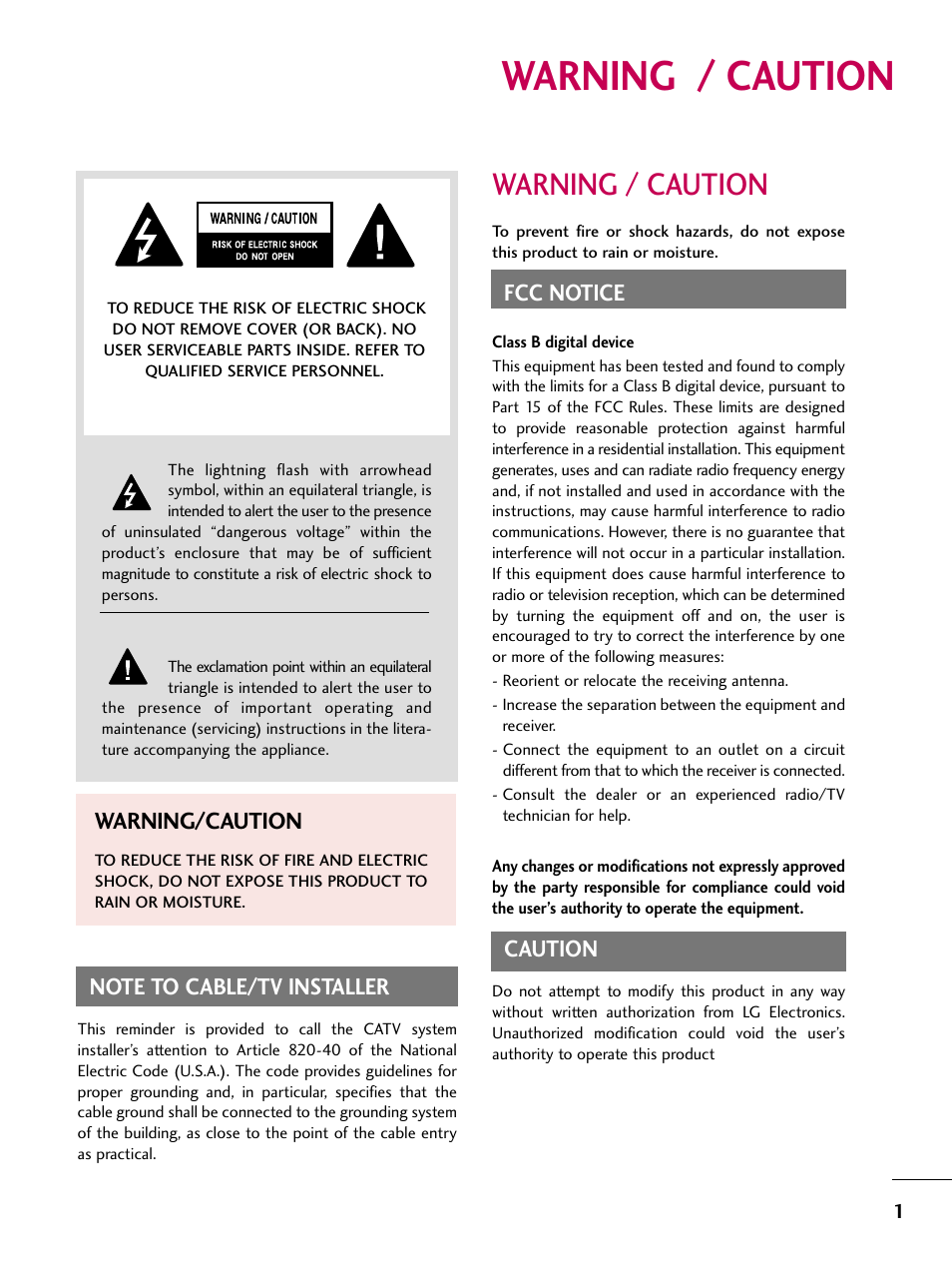 Warning / caution, Fcc notice, Caution | Warning/caution | LG SAC30708043 User Manual | Page 3 / 134