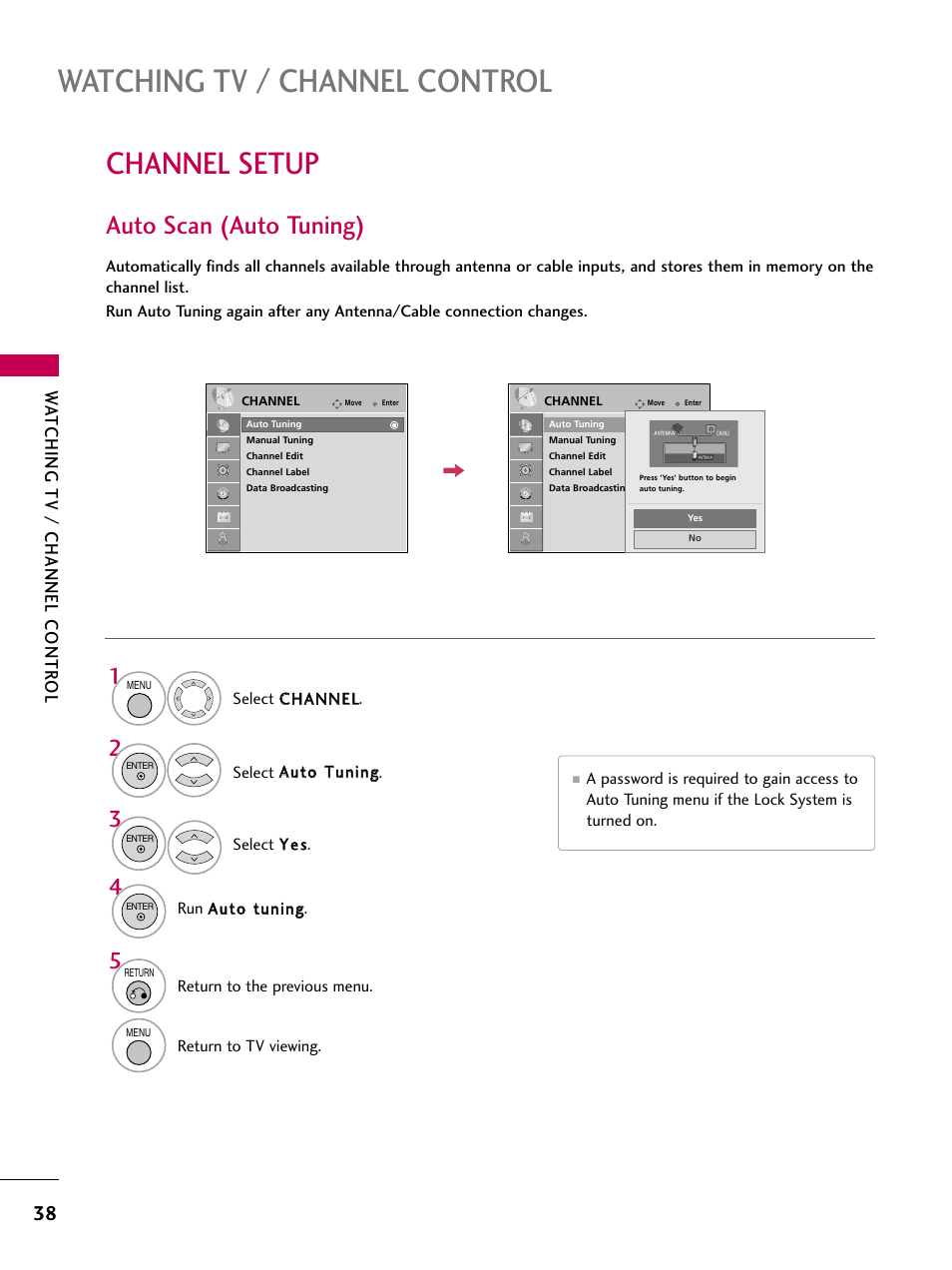 Channel setup, Watching tv / channel control, Auto scan (auto tuning) | Wa tching tv / channel contr ol | LG SAC30708043 User Manual | Page 40 / 134