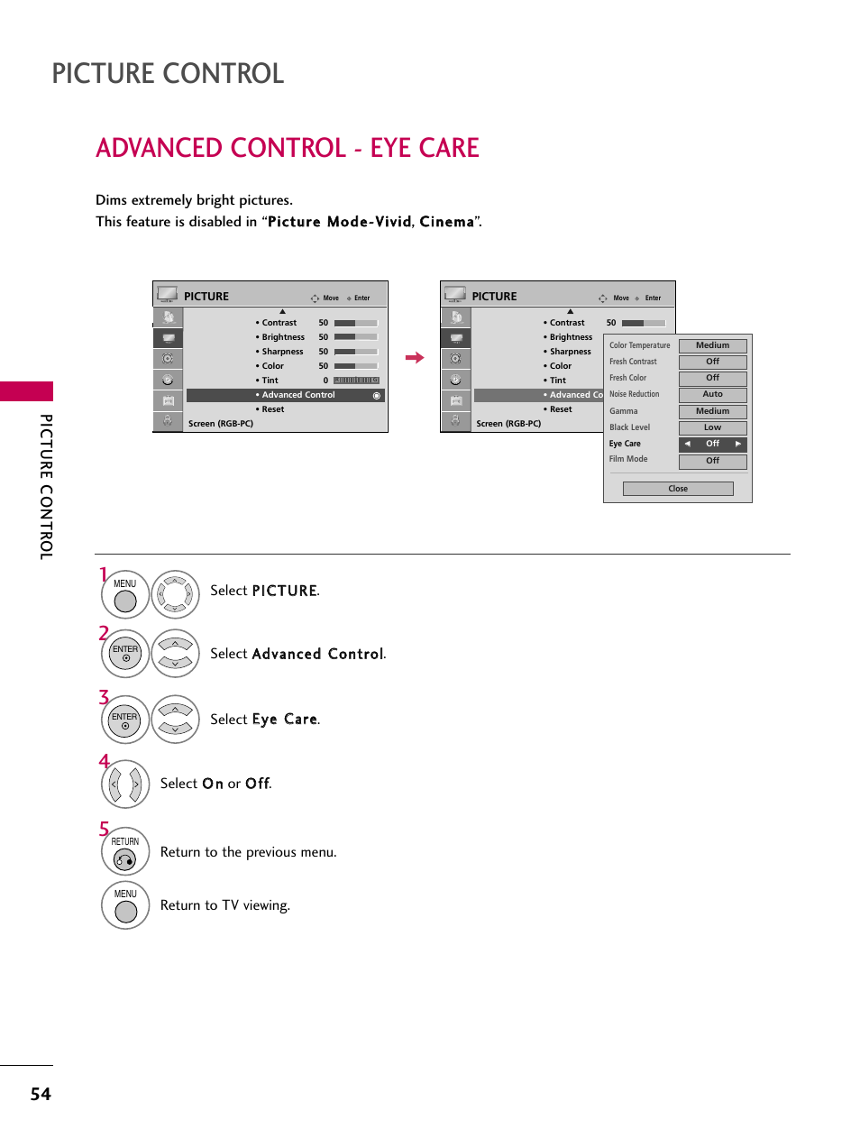 Advanced control - eye care, Picture control, Picture contr ol | LG SAC30708043 User Manual | Page 56 / 134