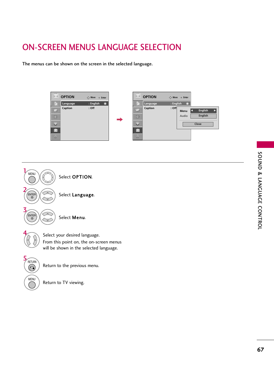 On-screen menus language selection, Sound & langu a ge contr ol | LG SAC30708043 User Manual | Page 69 / 134