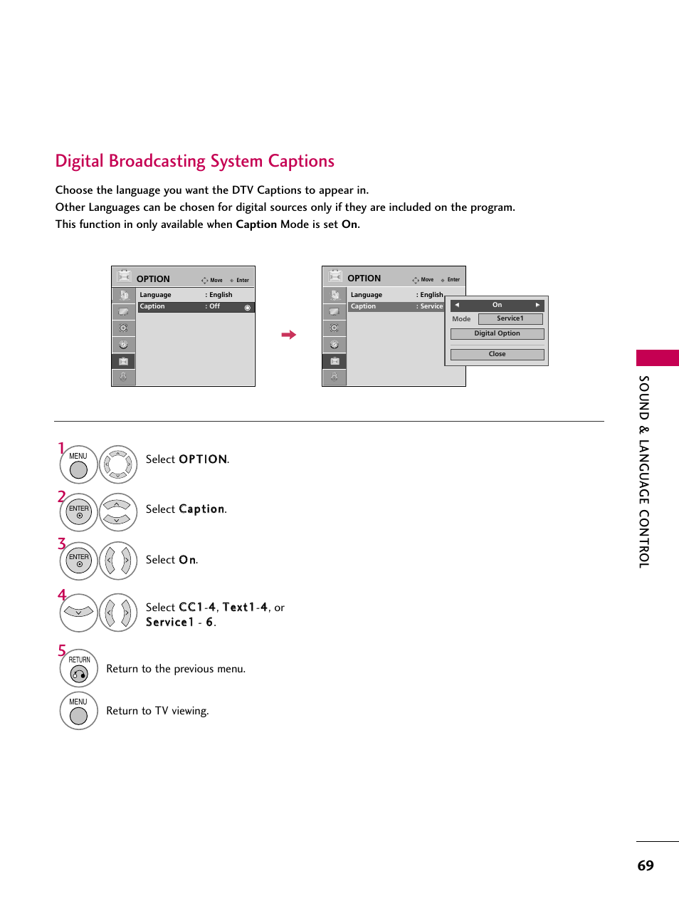 Digital broadcasting system captions, Sound & langu a ge contr ol | LG SAC30708043 User Manual | Page 71 / 134